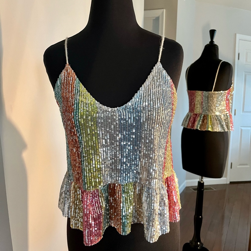 Zara Sequined Top, Multi Color, Peplum, Cropped, Size Small